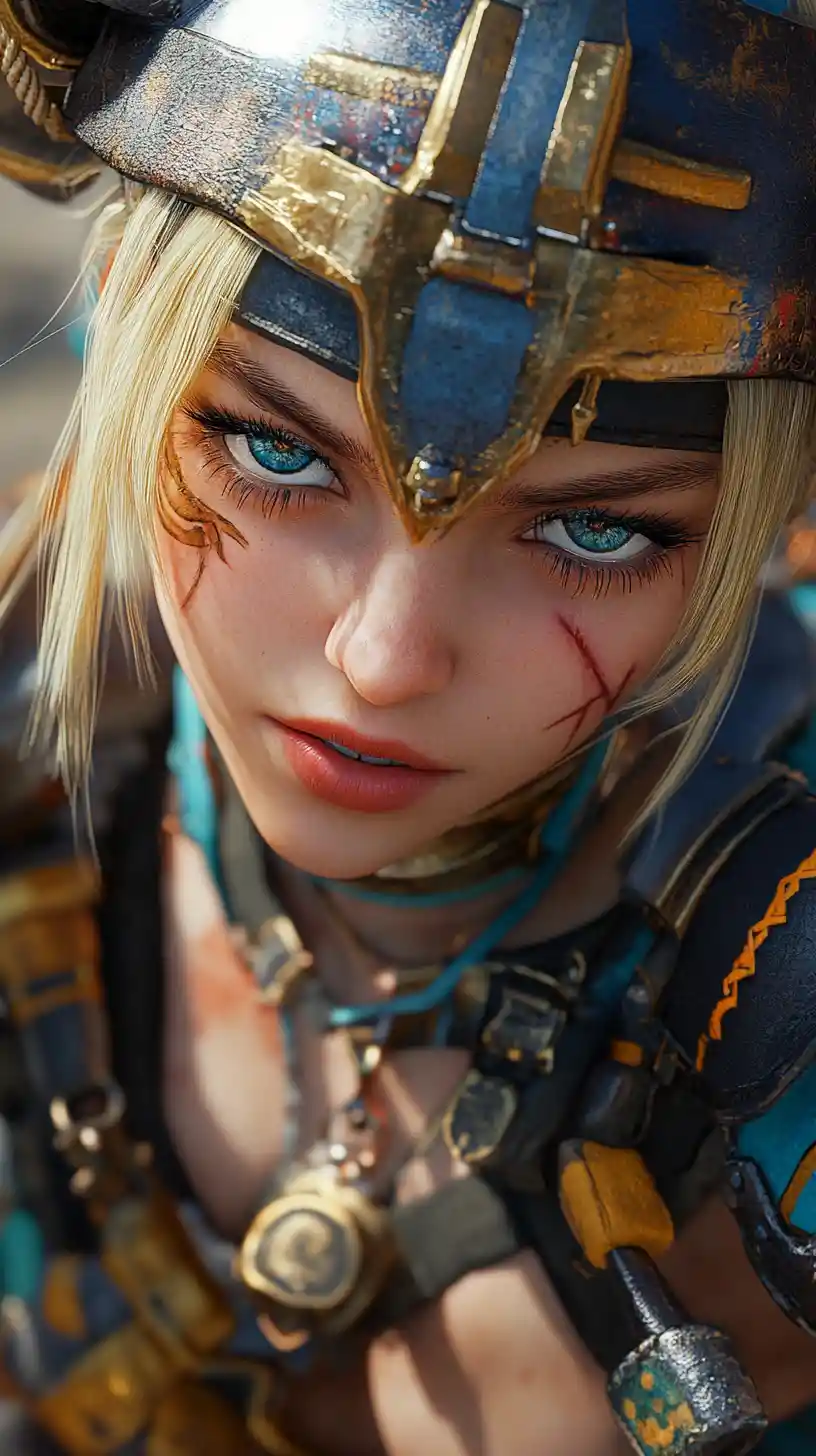 青い鎧をまとったタトゥー入りアニメ女戦士のクローズアップ