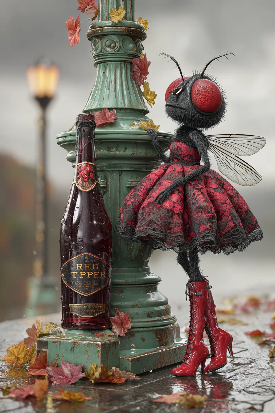 Anthropomorphic fly in red dress on rainy autumn sidewalk