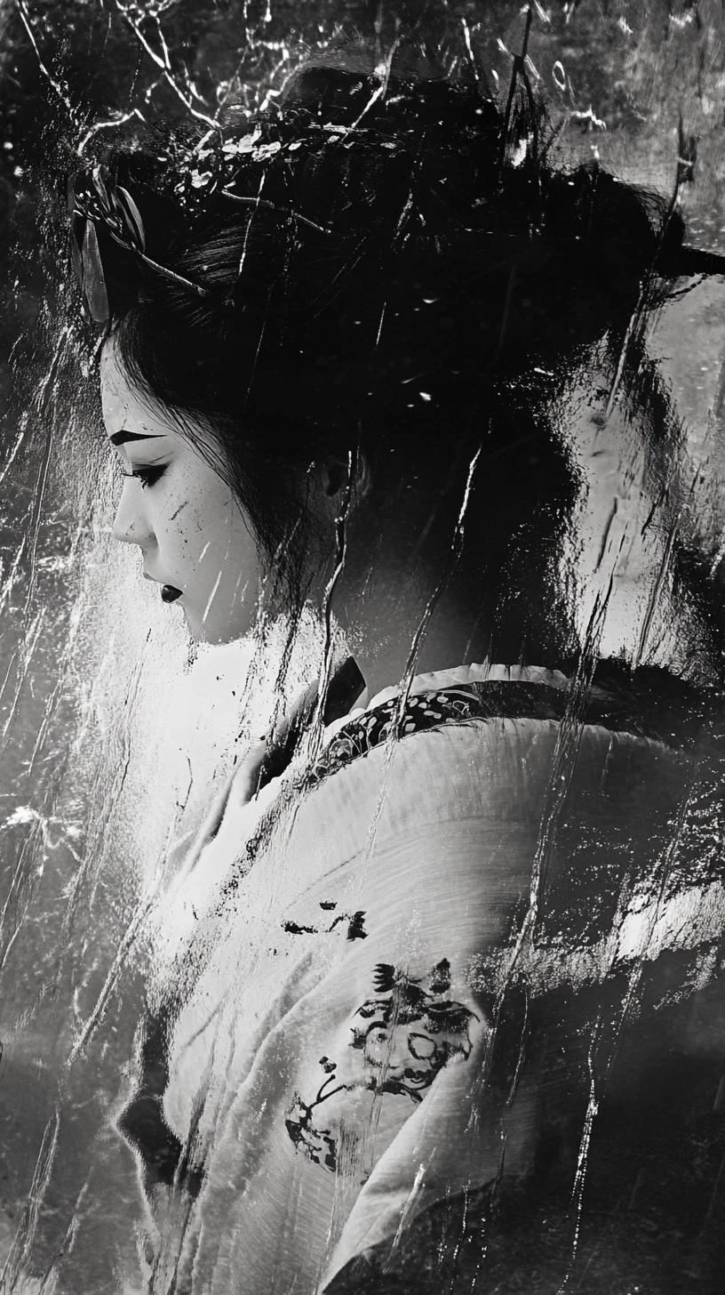 Geisha che ruota in una tempesta con kimono svolazzante e maschera