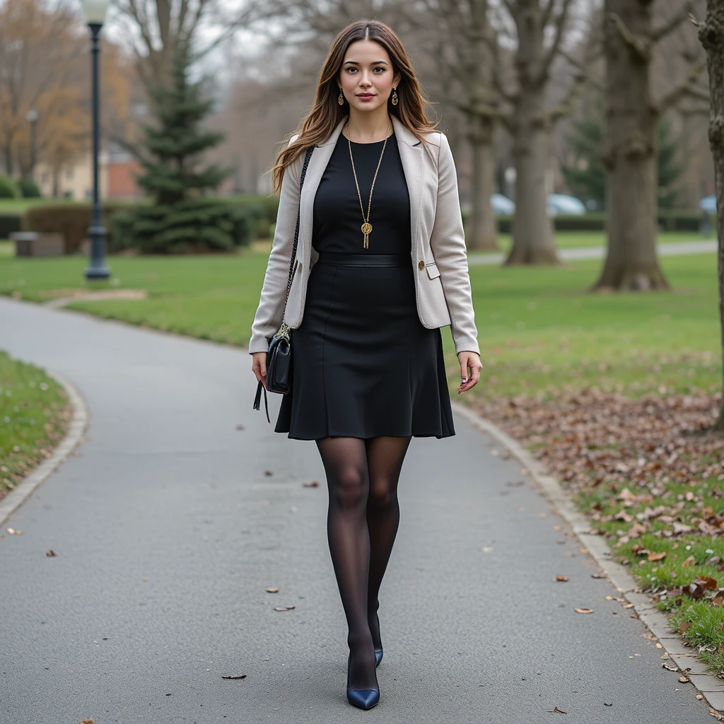 Woman in black mini skirt walking through city park