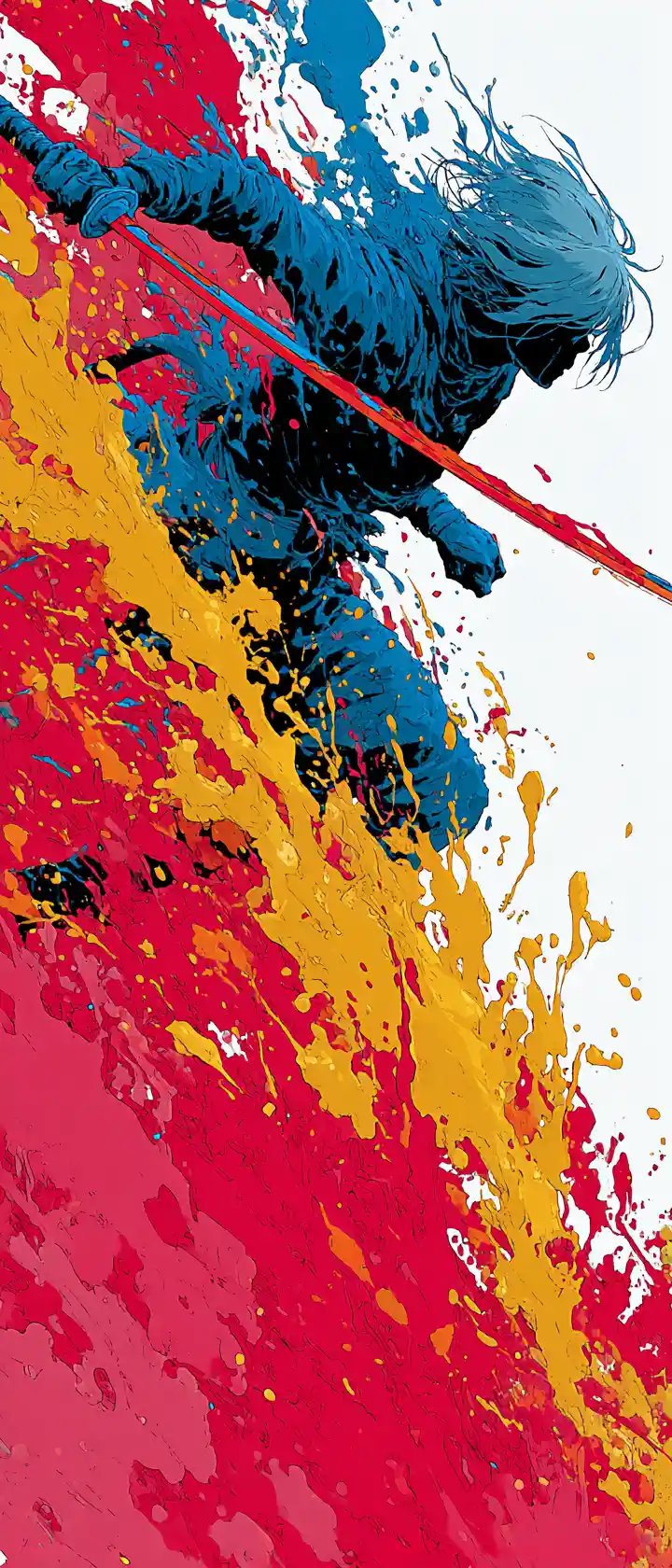 Guerreiro de anime brandindo uma katana brilhante com spray de tinta