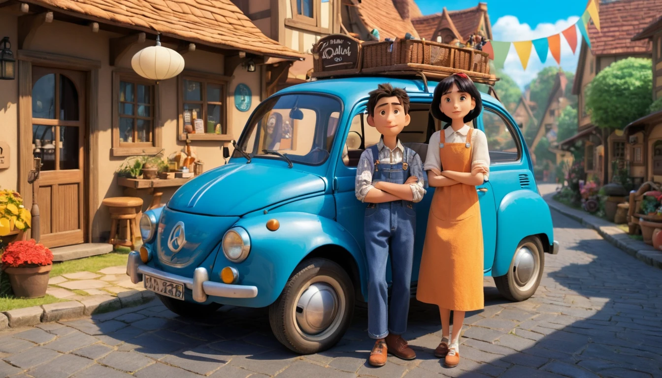 Coppia cartoon che si gode una giornata accogliente in un villaggio fantastico