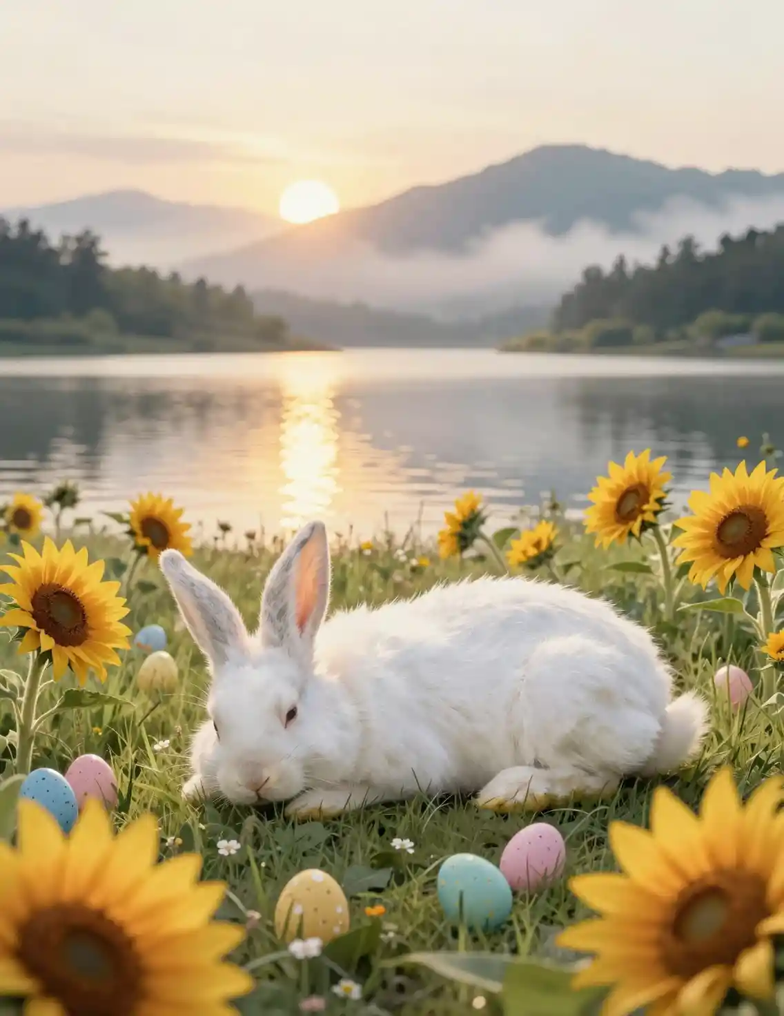 Sleeping white rabbit by sunrise lake with sunflowers