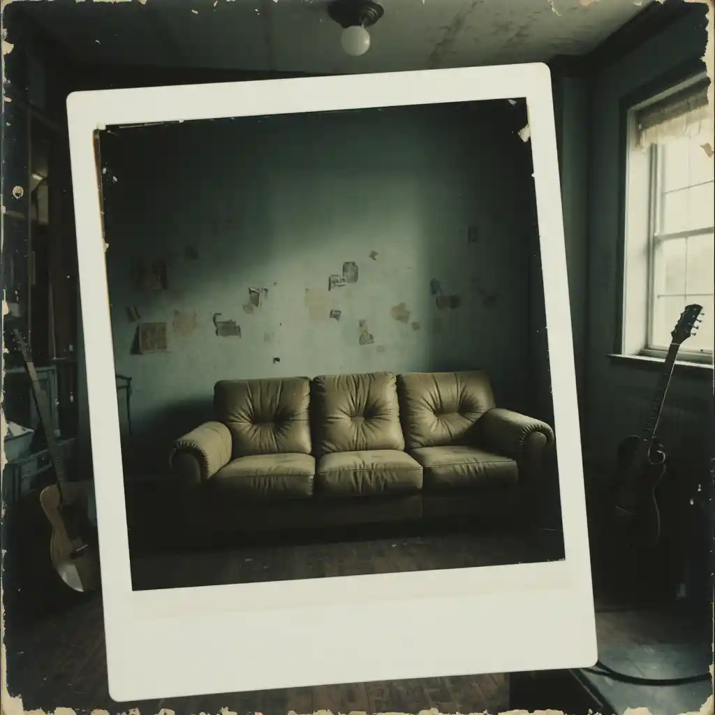 Faded polaroid of a dim living room with old couch