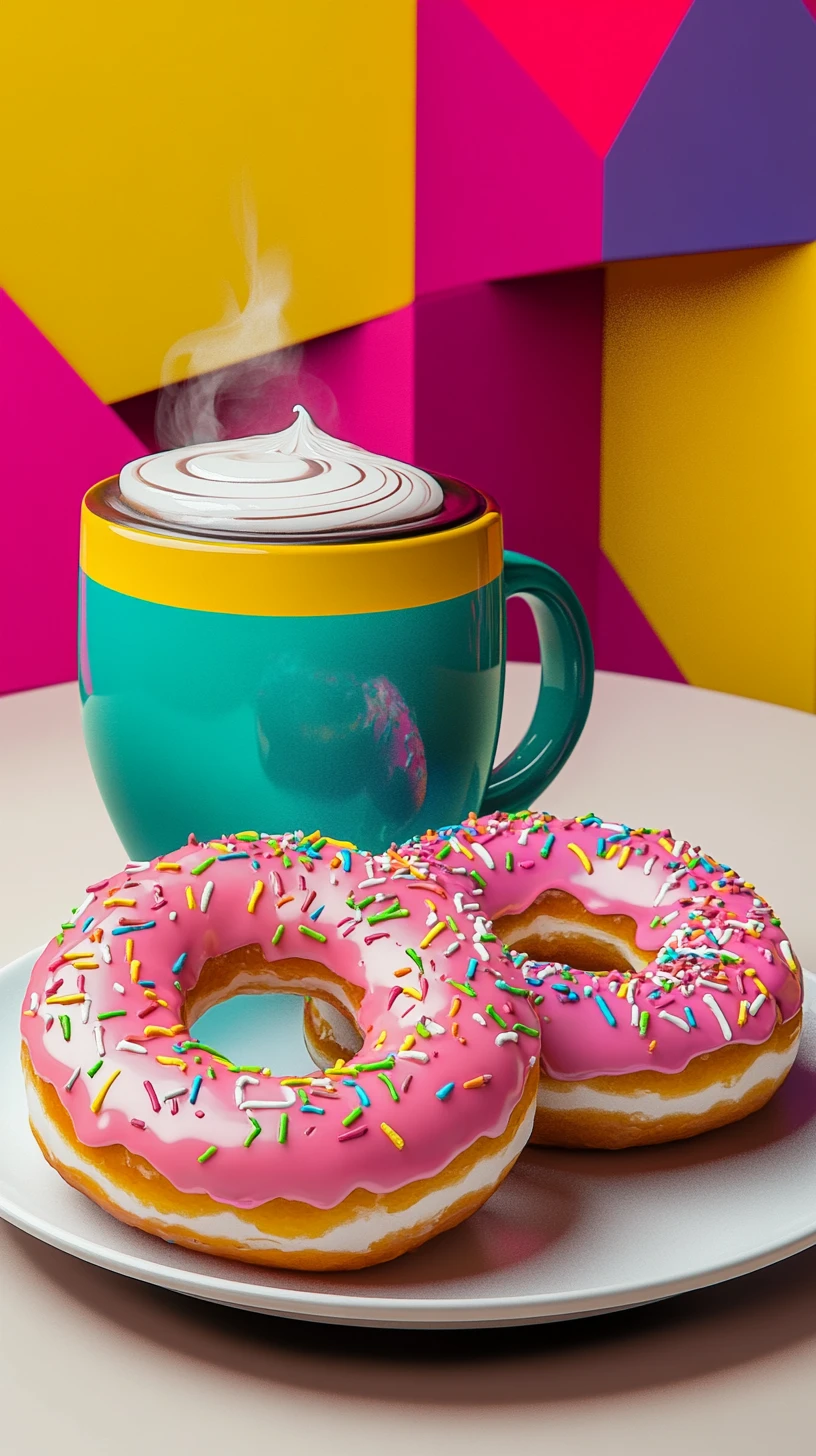 Donut colorati e caffè in un audace stile pop art