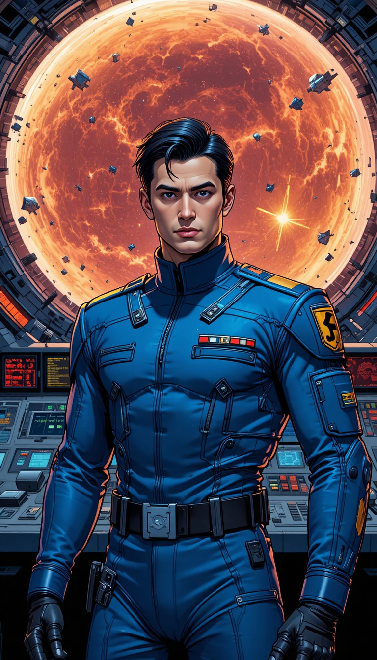 Futuristic military officer at blue control panel in space