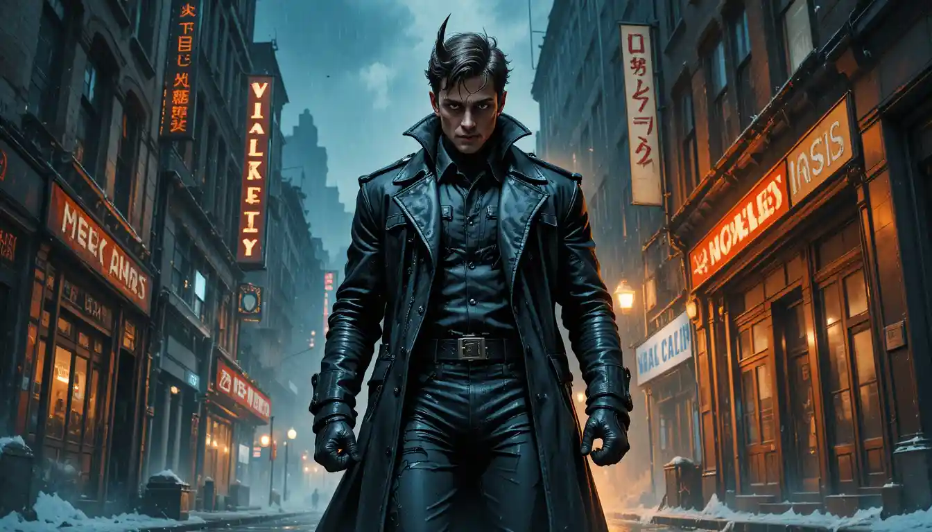 Brooding vigilante on a rainy city rooftop alley