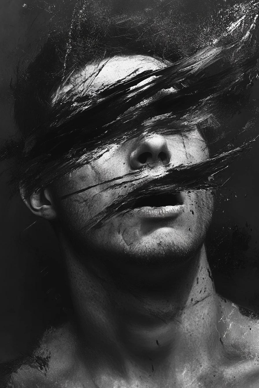 Conflicted man portrait torn between rage and restraint