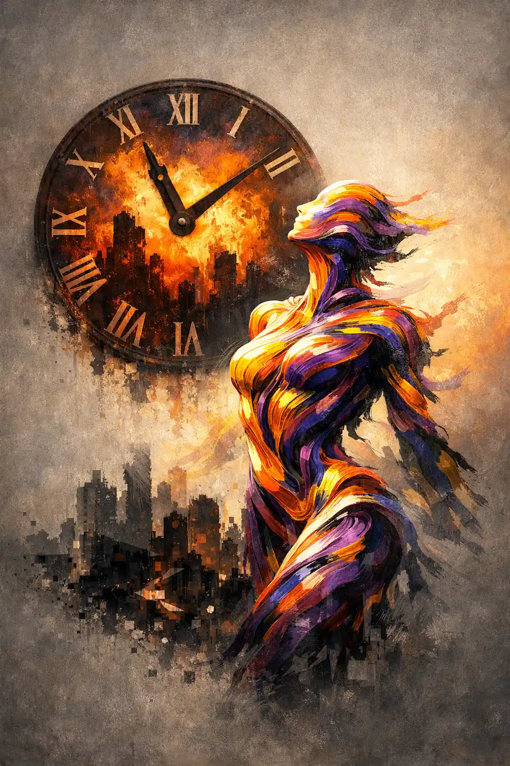 Humanoide surreal de cintas frente a un reloj de fuego resplandeciente