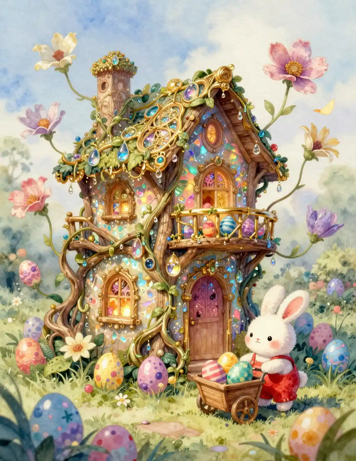Surreal Fairy House Of Light With Chibi Rabbit Companion