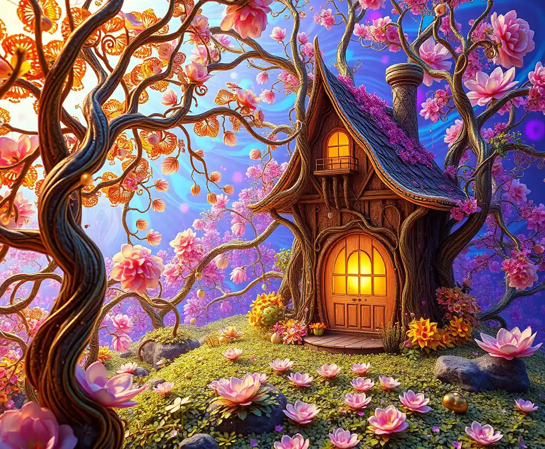 Iridescent fairy house woven from light in a surreal forest