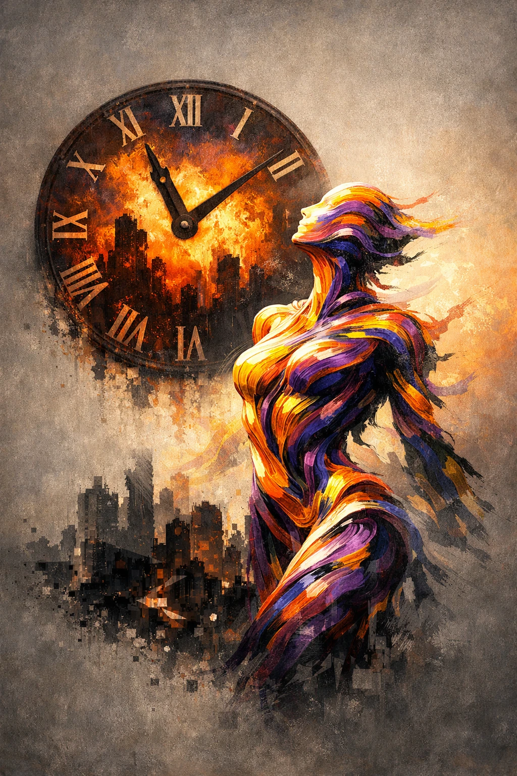 Humanoide surreal de fitas diante de um relógio flamejante brilhante
