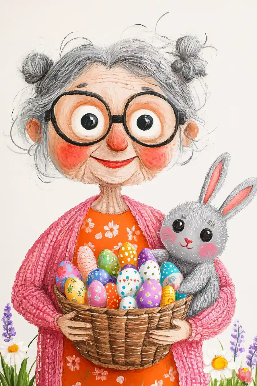 Fröhliche ältere Frau mit Hase und Osterkorb Illustration