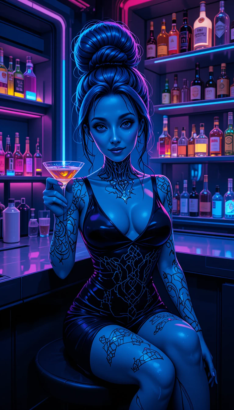 Blue skinned alien woman at a neon futuristic bar