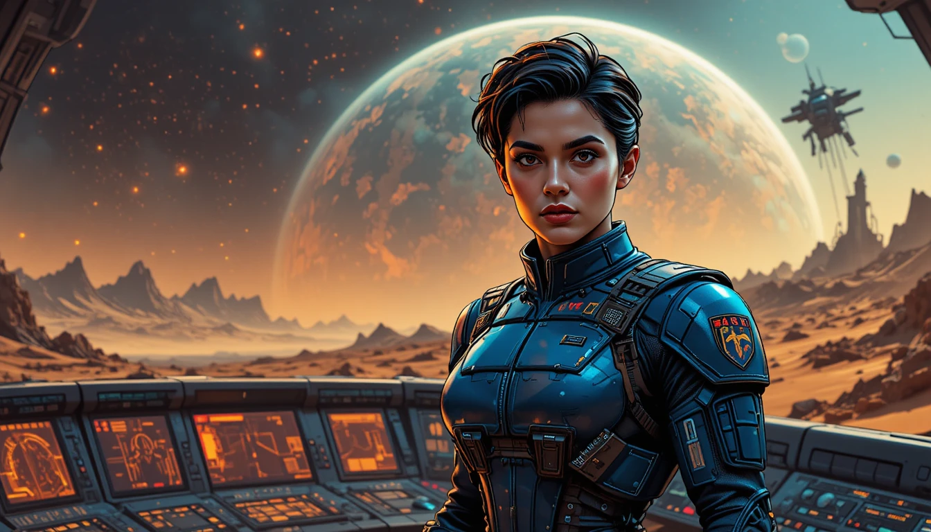 Futuristic officer at glowing spaceship control panel