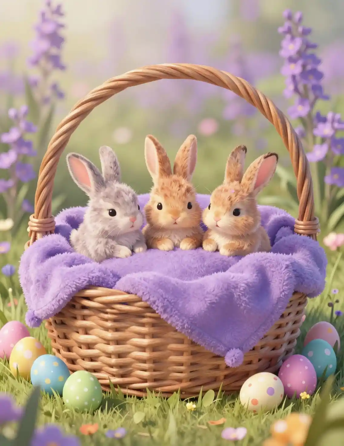 Tre morbidi coniglietti in un cestino con colorate uova di Pasqua