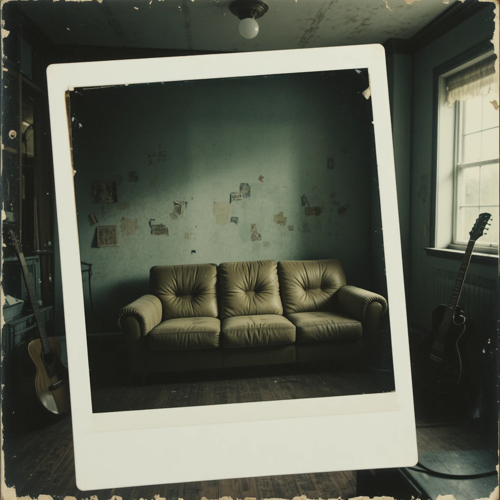 Polaroid descolorida de una sala de estar tenue con sofá viejo