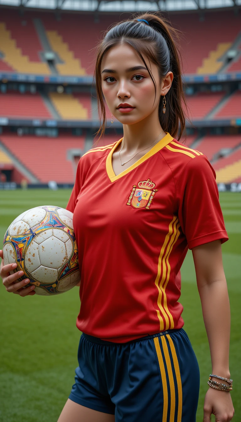Jovem mulher de uniforme de futebol vermelho posando no estádio