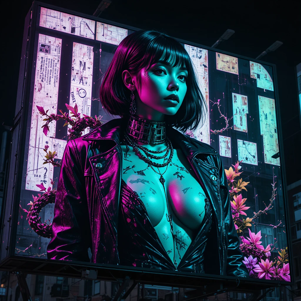 Retrato en cartel de neón de una heroína urbana futurista de los años 60