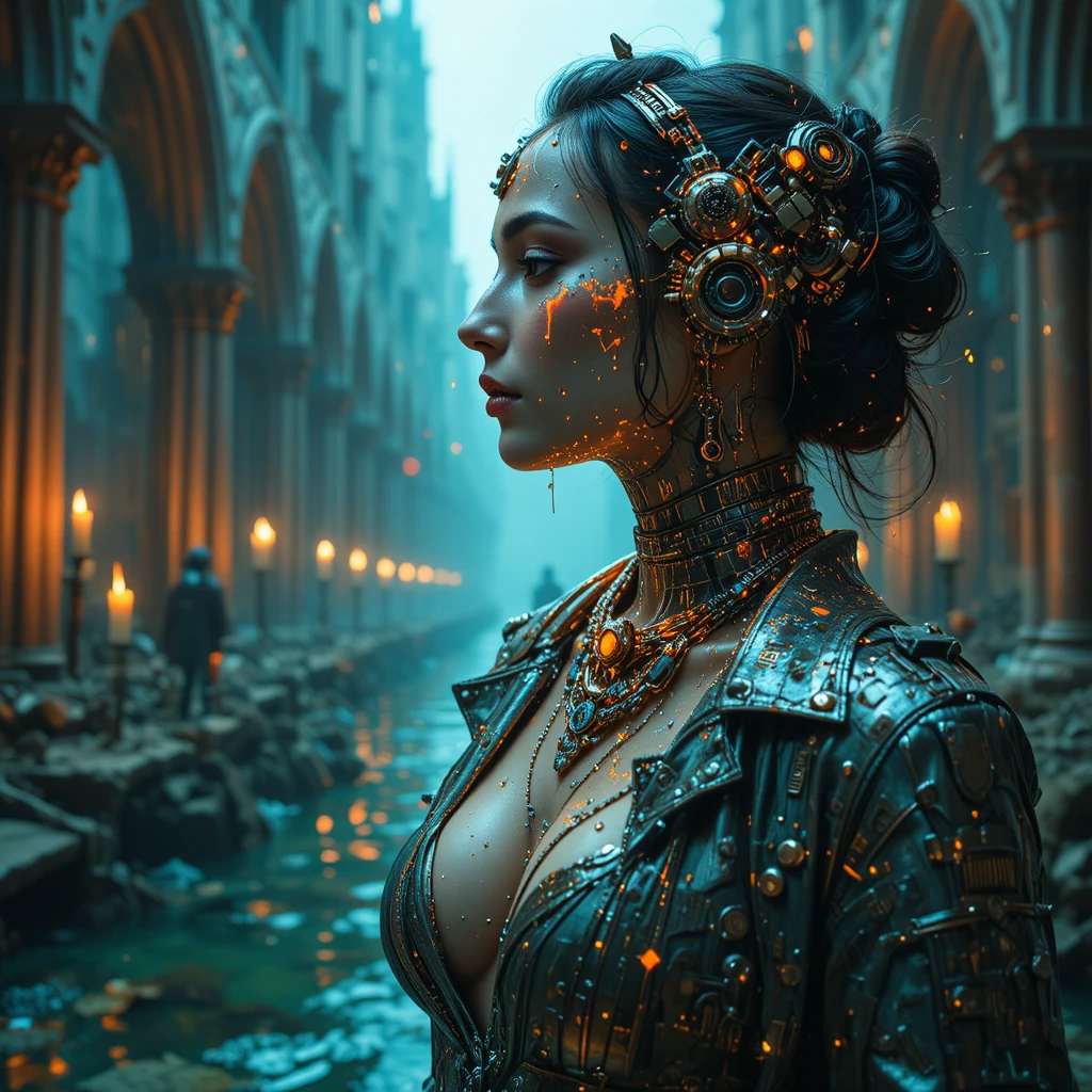 Donna cyberpunk cinematografica in una città cattedrale sottomarina