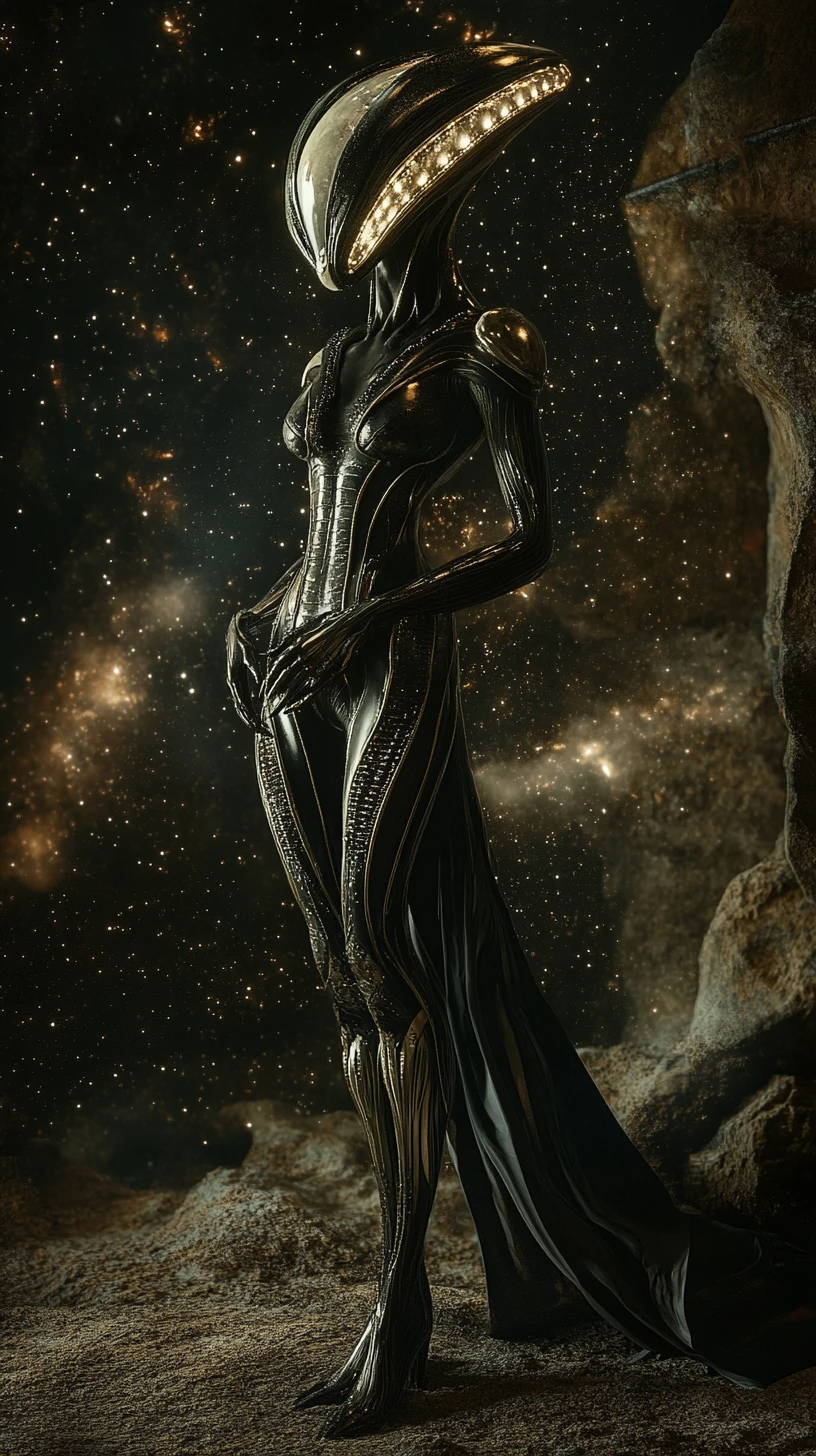 Graceful alien woman in glowing starlight outfit