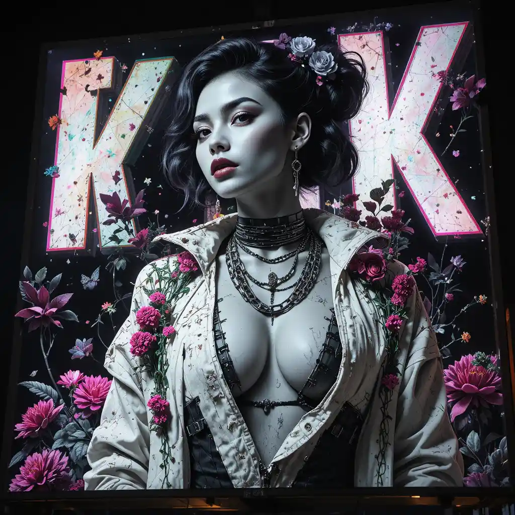 Neon city billboard with futuristic black and white heroine portrait
