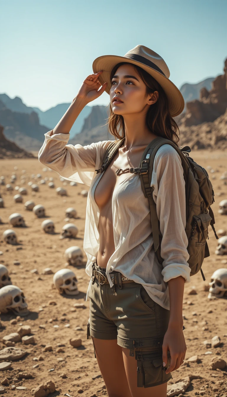Esploratrice in un deserto assolato con ossa umane disseminate