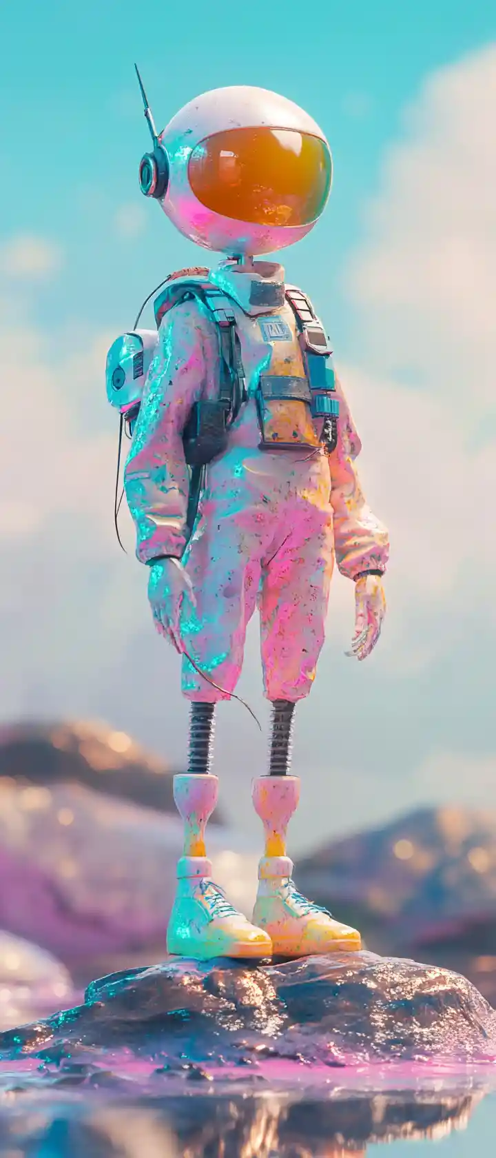 Whimsical metallic fairy character standing in pastel colors