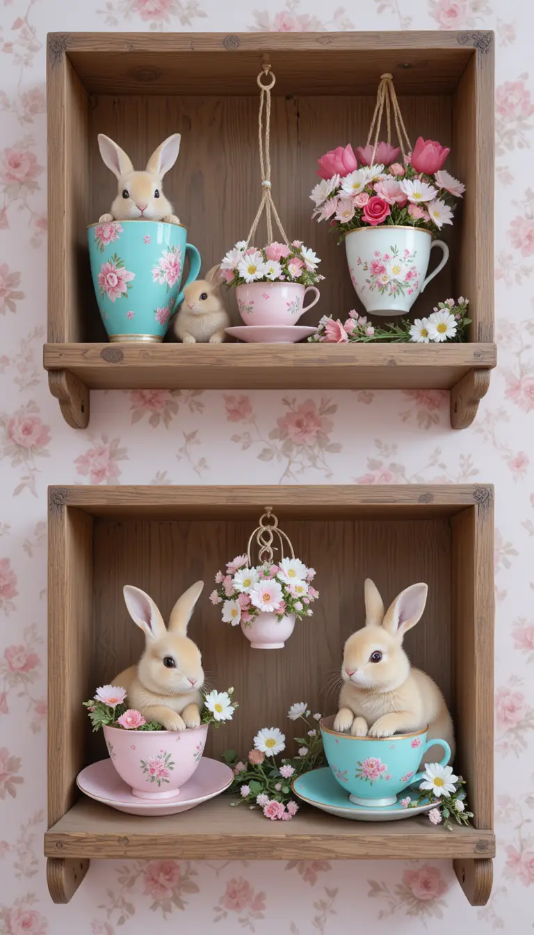 木製ウォールシェルフのかわいいウサギと花柄カップ