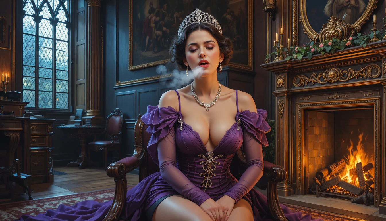 Jeune reine en justaucorps violet éternuant près d’une cheminée gothique