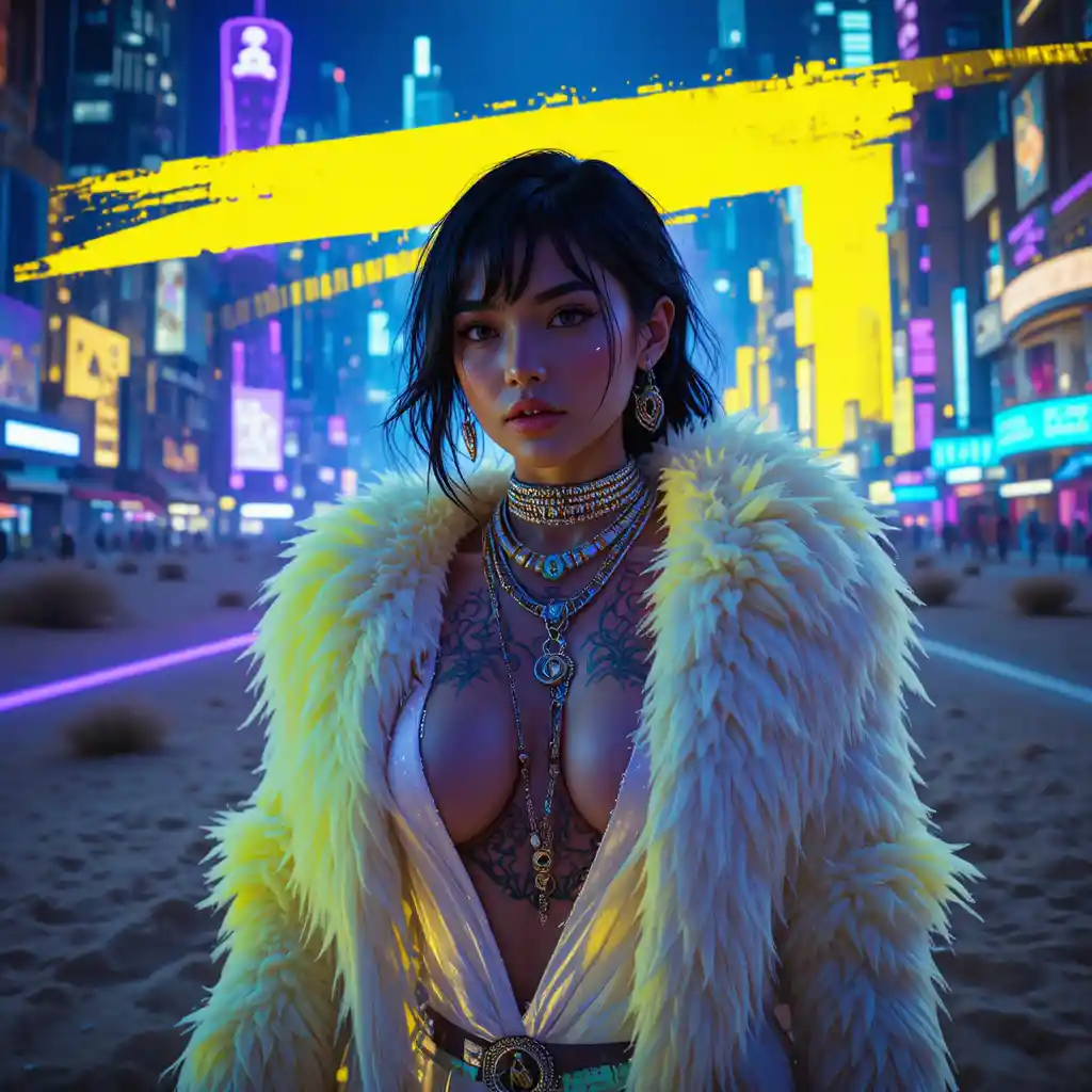 Cinematic close up of a space punk heroine in neon city