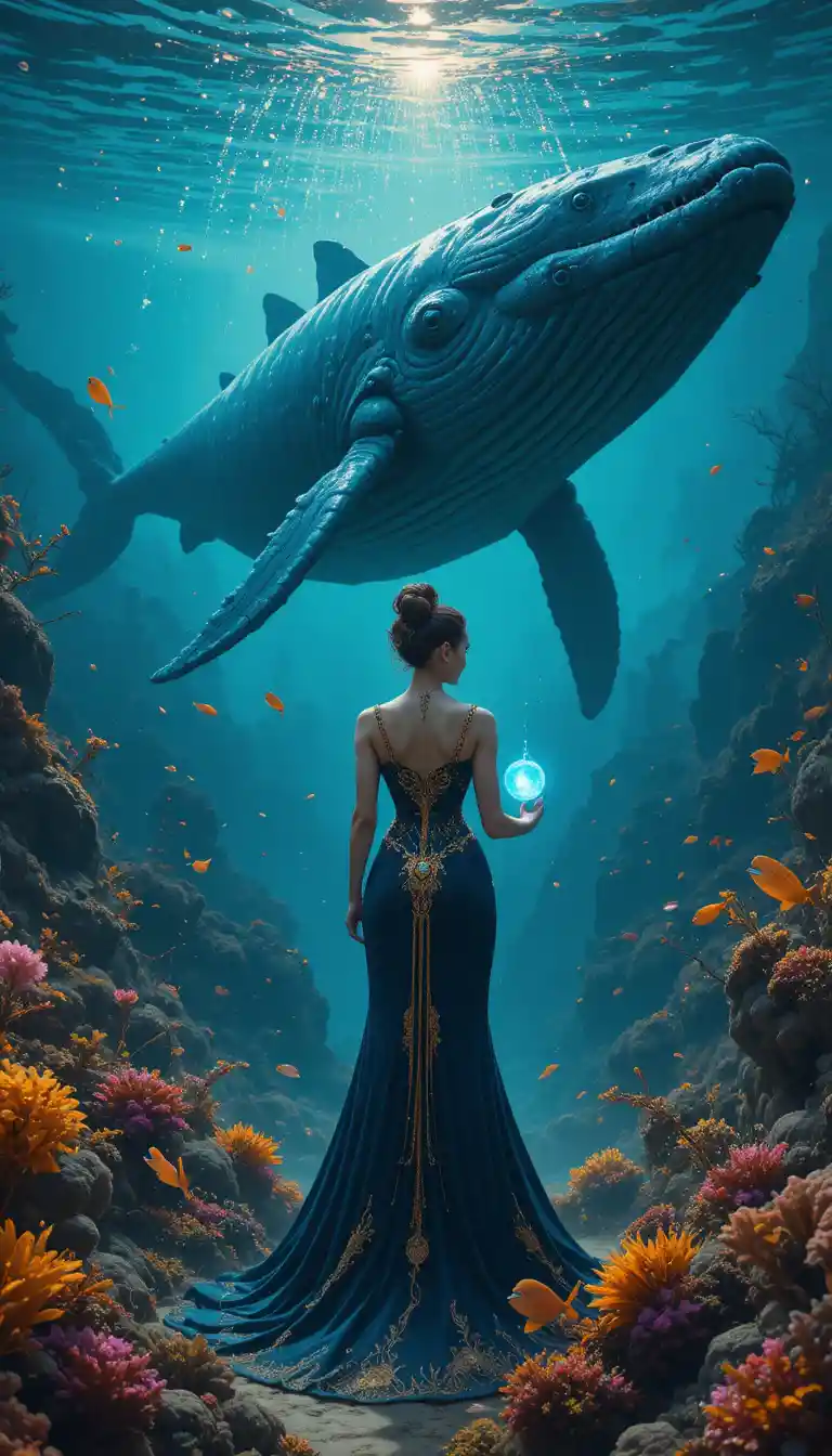 青いクジラのそばに光るオーブを持つ未来的な女性