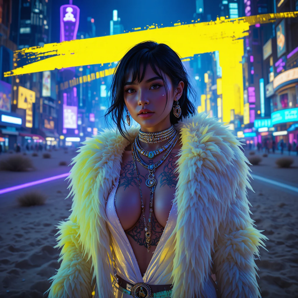 Cinematic close up of a space punk heroine in neon city