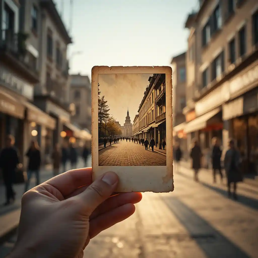 Mano che tiene una foto vintage allineata con una strada moderna della città