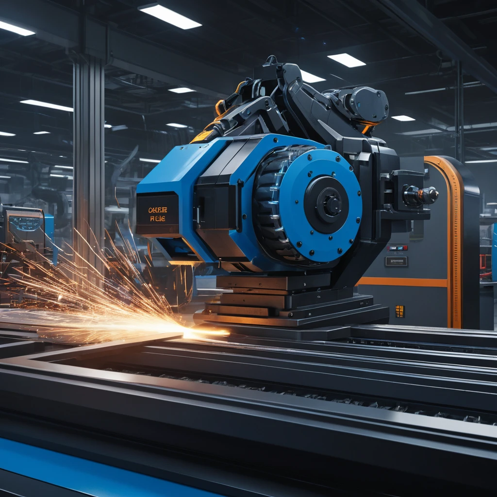 Futuristic factory robots building a matte black railgun