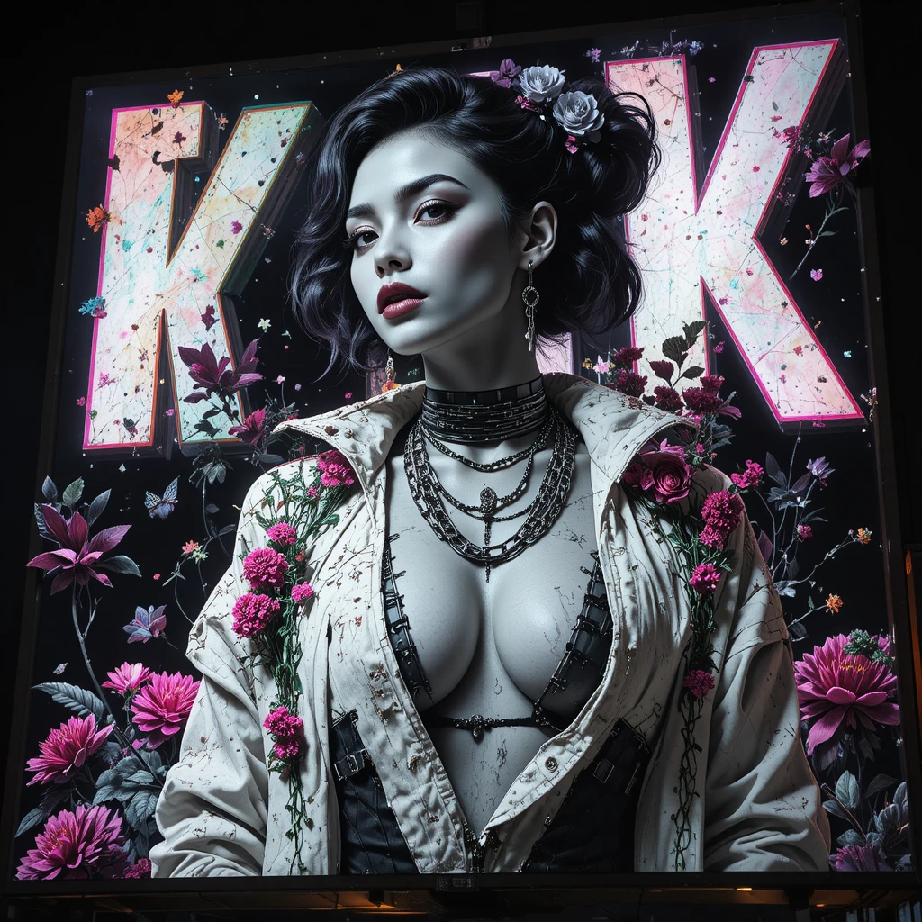Neon city billboard with futuristic black and white heroine portrait