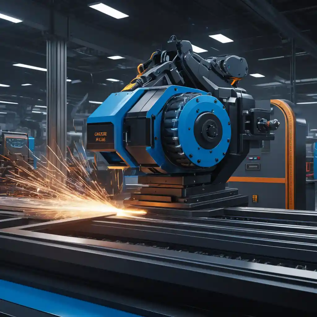 Futuristic factory robots building a matte black railgun