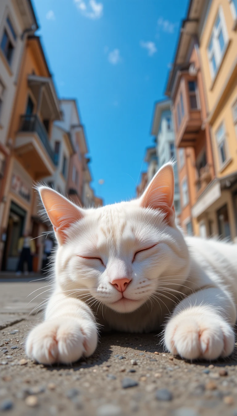 White cat sleeping on a sunny Istanbul city street