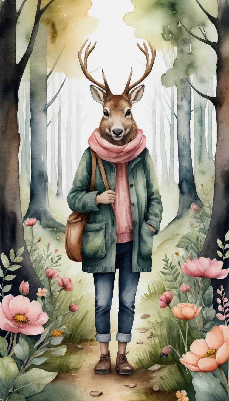Cozy human figure in a big forest with wildflowers
