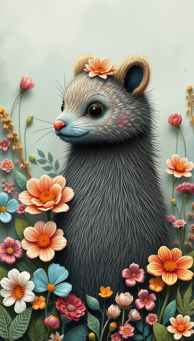 Cozy human figure in a large forest with flowers