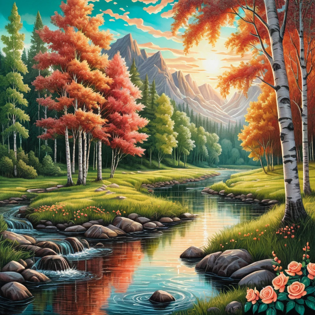 Sonniger Waldfluss mit Birken und pfirsichfarbenen Rosen