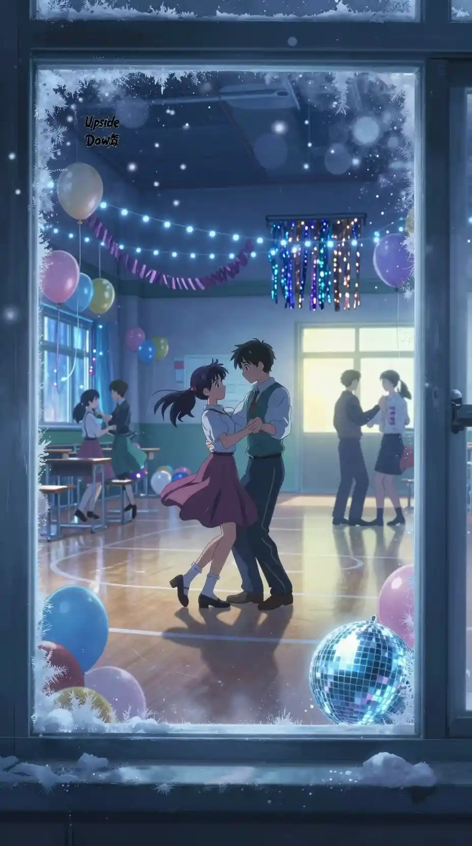 柔らかい光の学校の体育館でスローダンスをするアニメのティーンたち