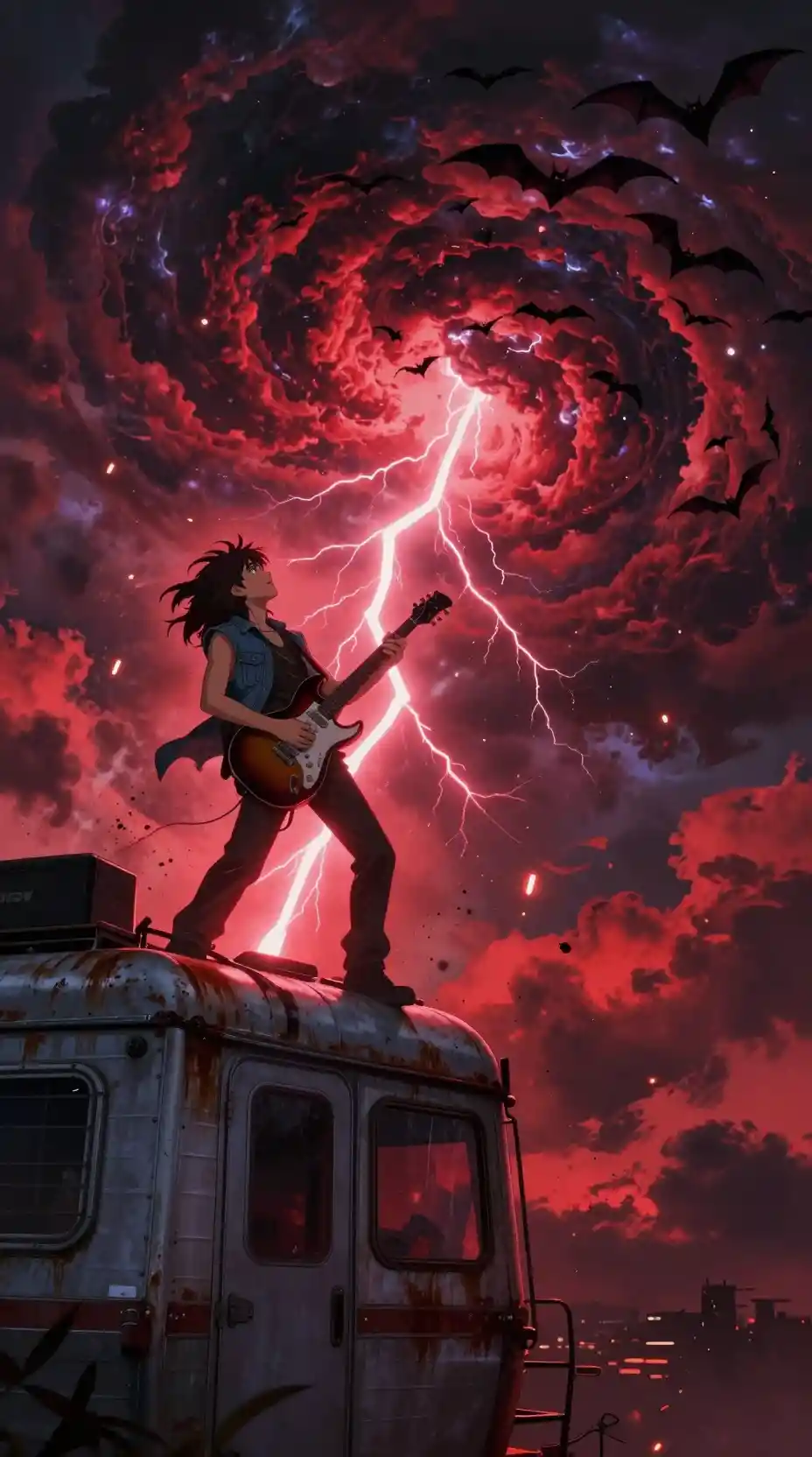 Chitarrista anime sul tetto di un trailer sotto una tempesta rossa apocalittica