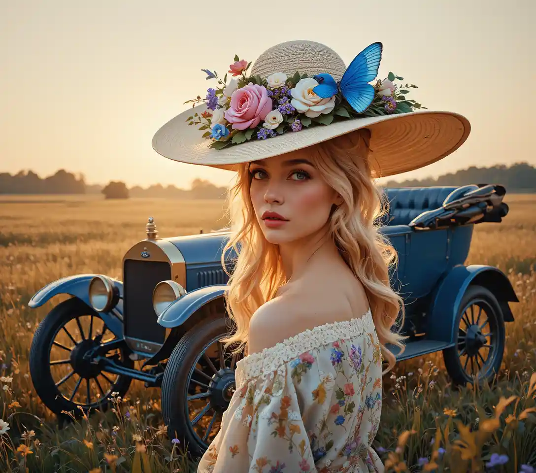 Donna con cappello floreale al tramonto in un campo tranquillo