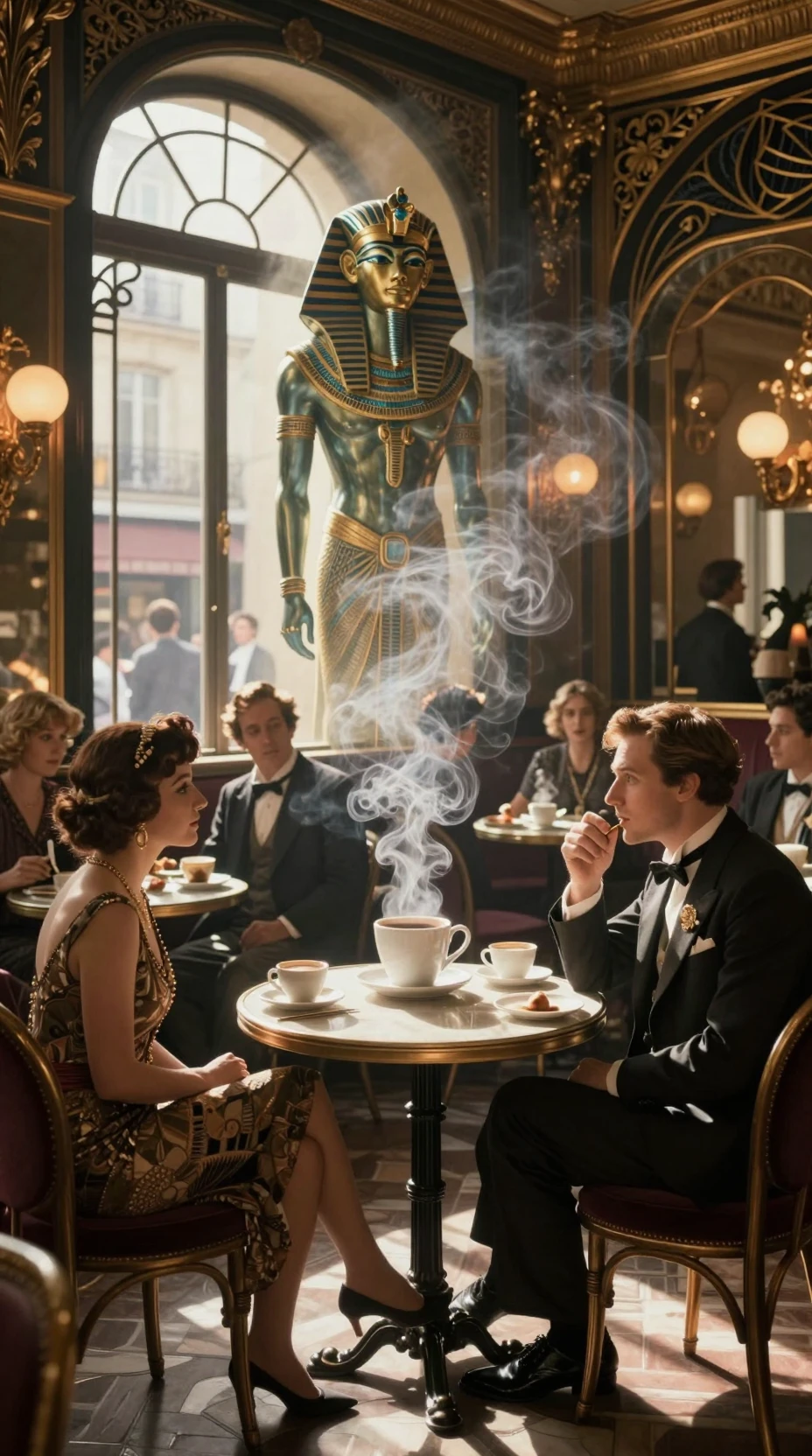 Caffè surreale anni ’20 a Parigi con caffè fluttuante e divinità