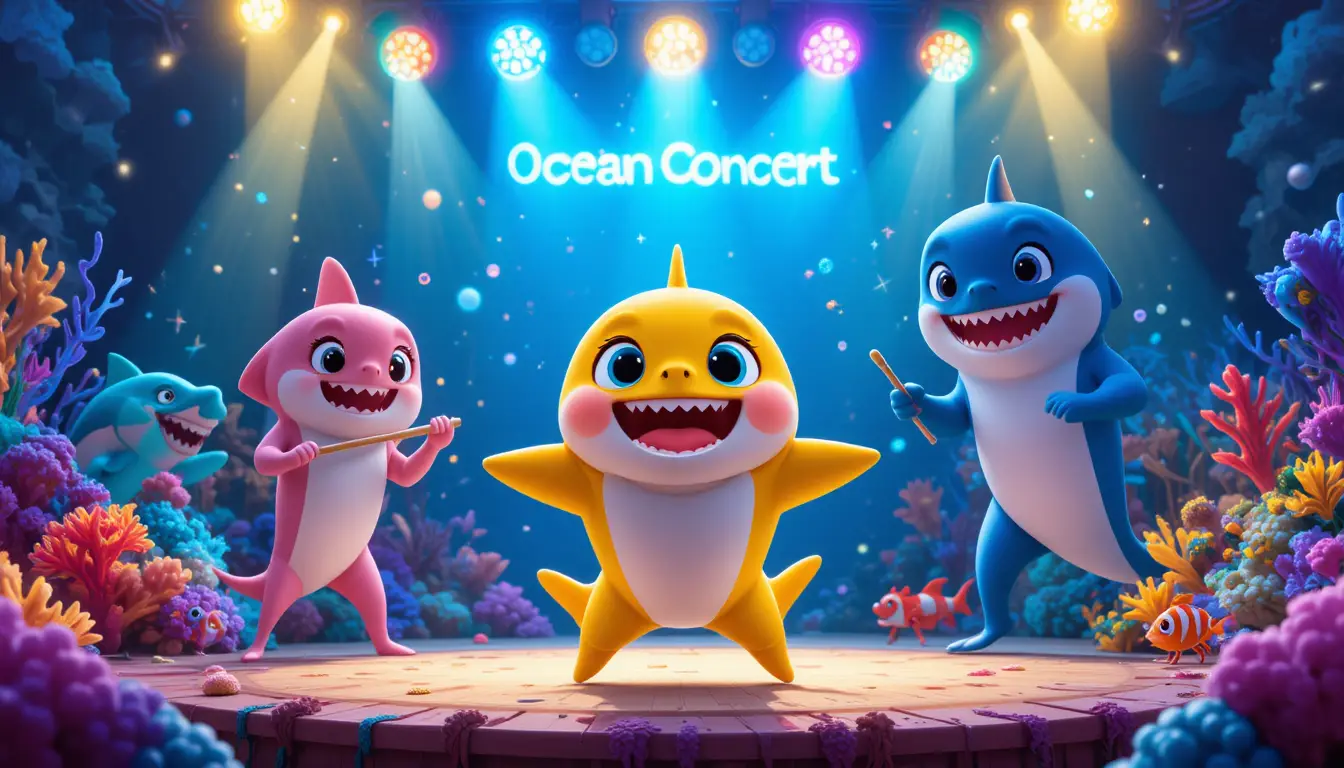 Bébé requin chantant dans une scène de concert sous-marin colorée