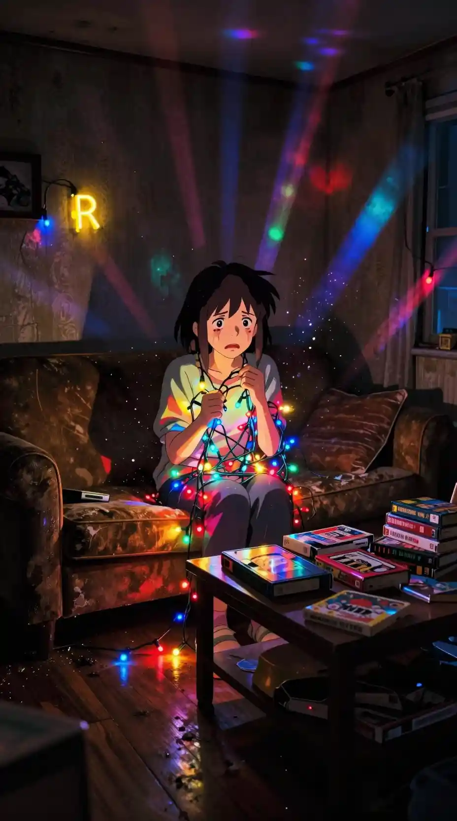 Donna anime che stringe luci di Natale luminose in una stanza buia