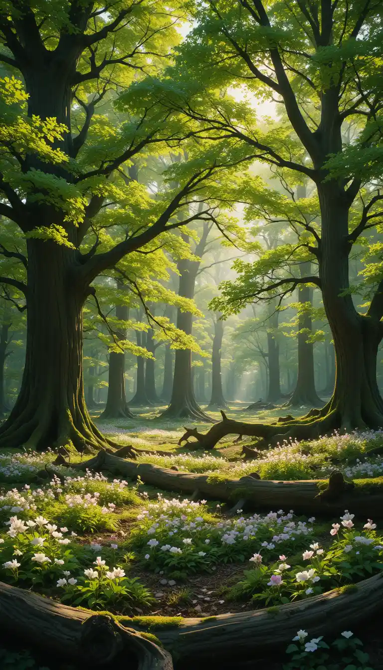 Foresta primaverile illuminata dal sole con muschio e fiori selvatici