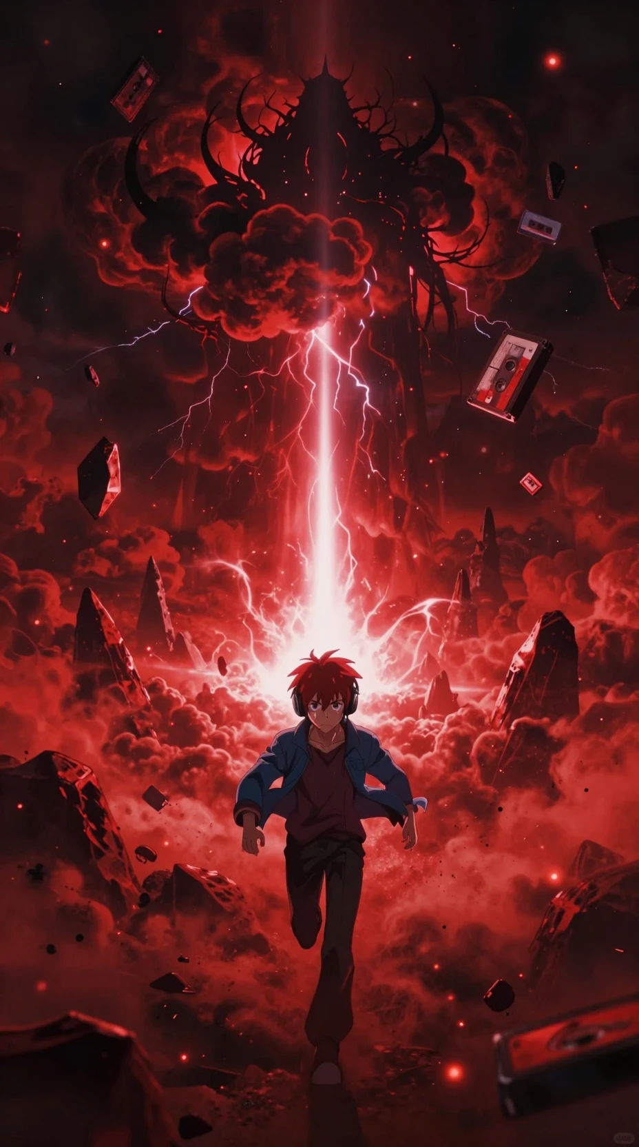 Ragazza anime che corre verso un portale luminoso in lontananza