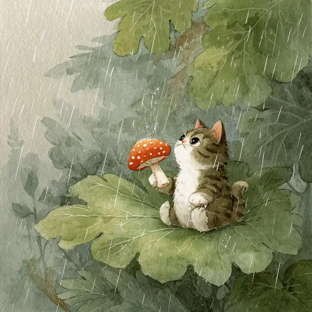 Cat With Red Mushroom On Leaf In Gentle Rain